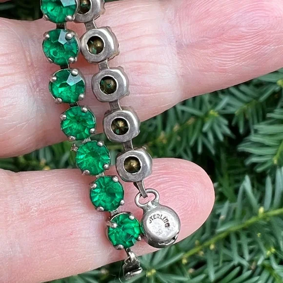 VINTAGE ART DECO STERLING SILVER EMERALD GREEN RHINESTONES TENNIS BRACELET